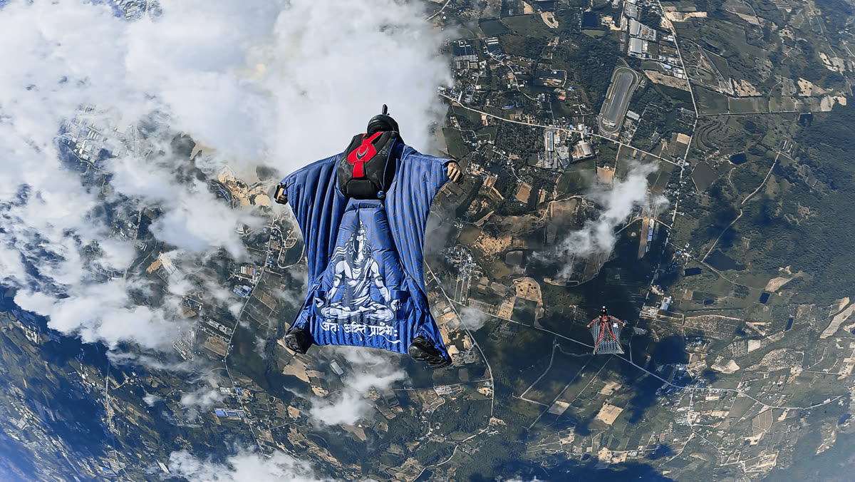 Wingsuit skydiver in full flight